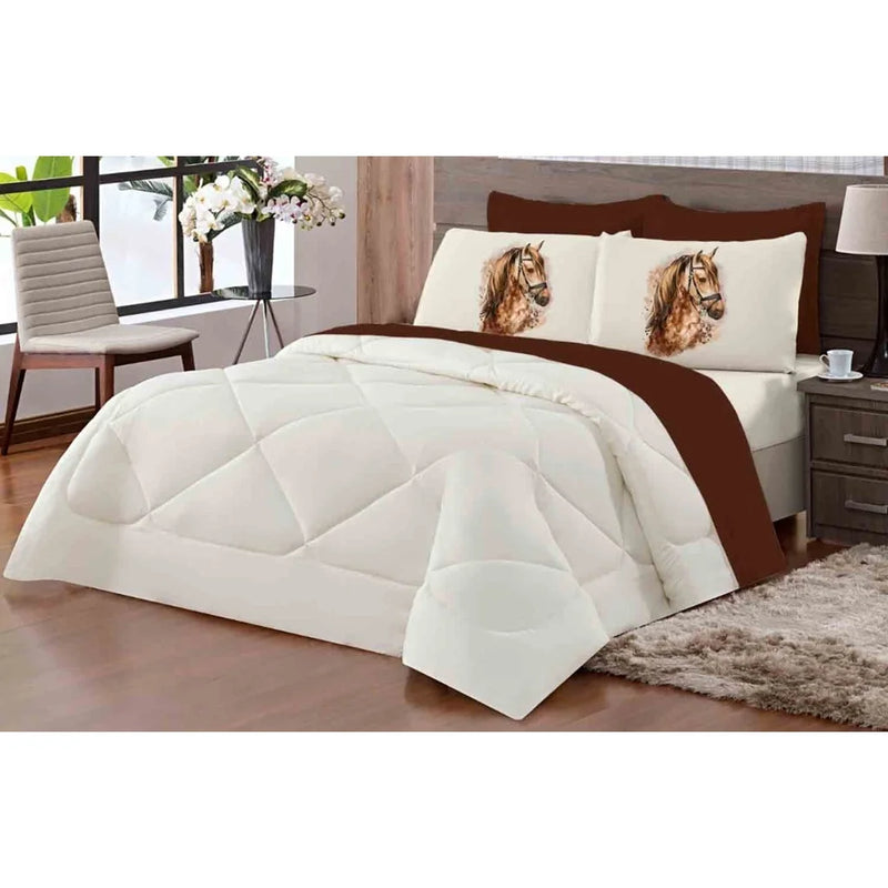 Duvet Kit Couple Queen Horse Double Face Tobacco Straw With 5 Pieces