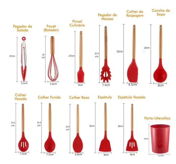 Drop Kit Jogo 12 Peças Utensílios de Cozinha Silicone Colher Espátula kitchen Livre de BPA Antiaderente com Suporte