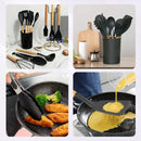 Kit Conjunto Cozinha C/12 Peças Utensílios Cozinha Silicone Antiaderente e Cabo Madeira.