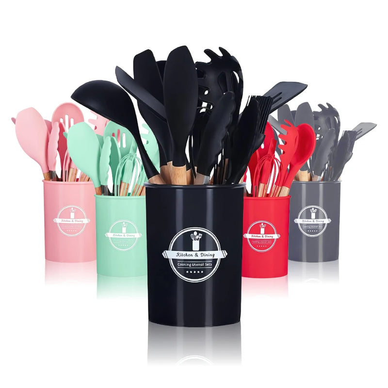 Kit Conjunto Cozinha C/12 Peças Utensílios Cozinha Silicone Antiaderente e Cabo Madeira.
