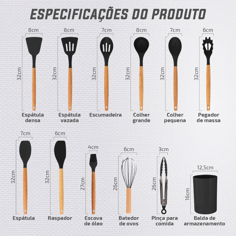 Kit Conjunto Cozinha C/12 Peças Utensílios Cozinha Silicone Antiaderente e Cabo Madeira.