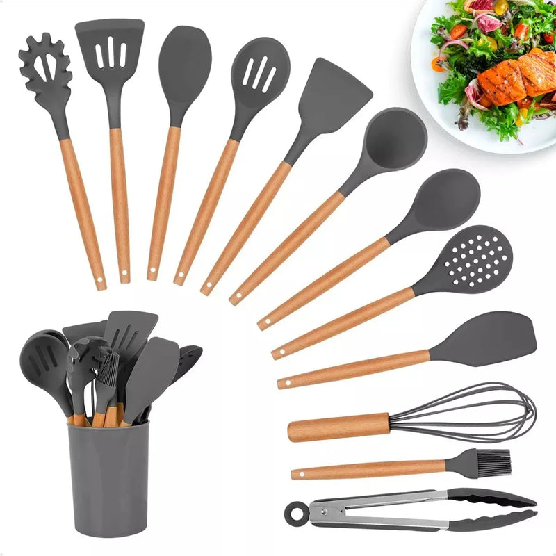 Drop Kit Jogo 12 Peças Utensílios de Cozinha Silicone Colher Espátula kitchen Livre de BPA Antiaderente com Suporte