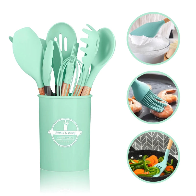 Kit Conjunto Cozinha C/12 Peças Utensílios Cozinha Silicone Antiaderente e Cabo Madeira.
