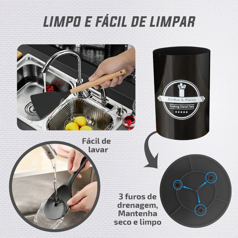 Kit Conjunto Cozinha C/12 Peças Utensílios Cozinha Silicone Antiaderente e Cabo Madeira.