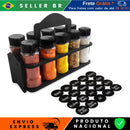 Porta Tempero e Especiarias de Madeira com Alça e 10 Potes Plástico 130ml Tampa Dosadora Dupla Organiza Cozinha e Dispensa