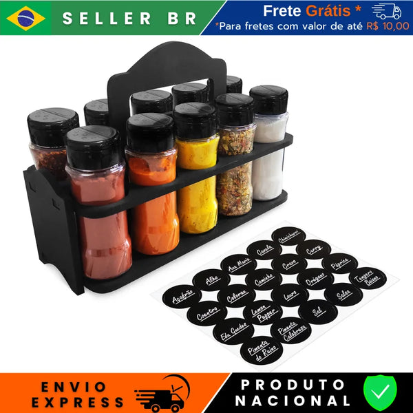 Porta Tempero e Especiarias de Madeira com Alça e 10 Potes Plástico 130ml Tampa Dosadora Dupla Organiza Cozinha e Dispensa