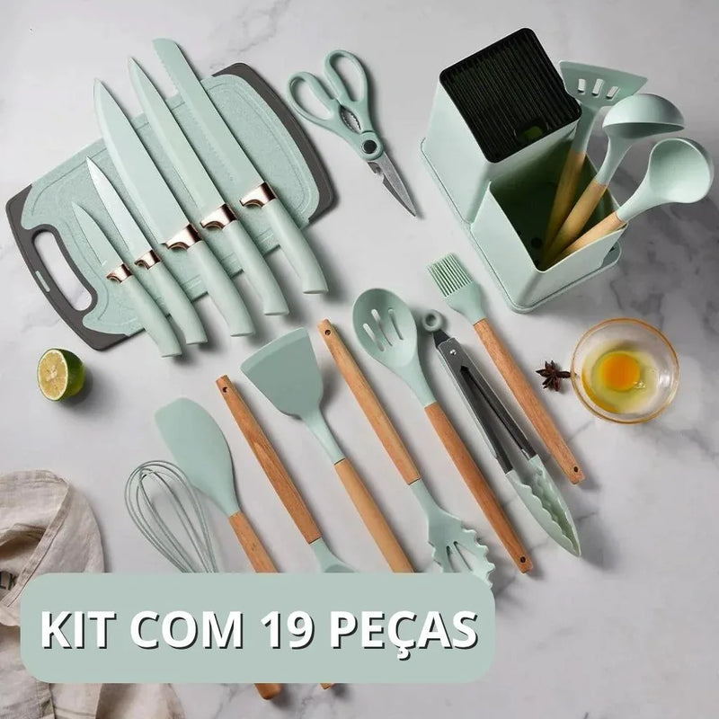 Kit 19 Peças Completo Jogo Utensílios de Cozinha Luxo Com Tábua em Silicone Espátula Faca Tesoura 2000GR Kitchen Presente Cores