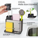 Dispenser Porta Detergente em Inox com Porta Esponja e Escorredor de talheres De Pia Para Cozinha