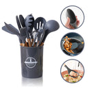 Kit Conjunto Cozinha C/12 Peças Utensílios Cozinha Silicone Antiaderente e Cabo Madeira.
