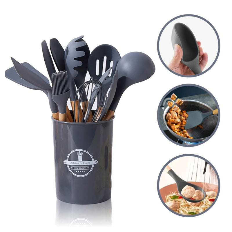 Kit Conjunto Cozinha C/12 Peças Utensílios Cozinha Silicone Antiaderente e Cabo Madeira.