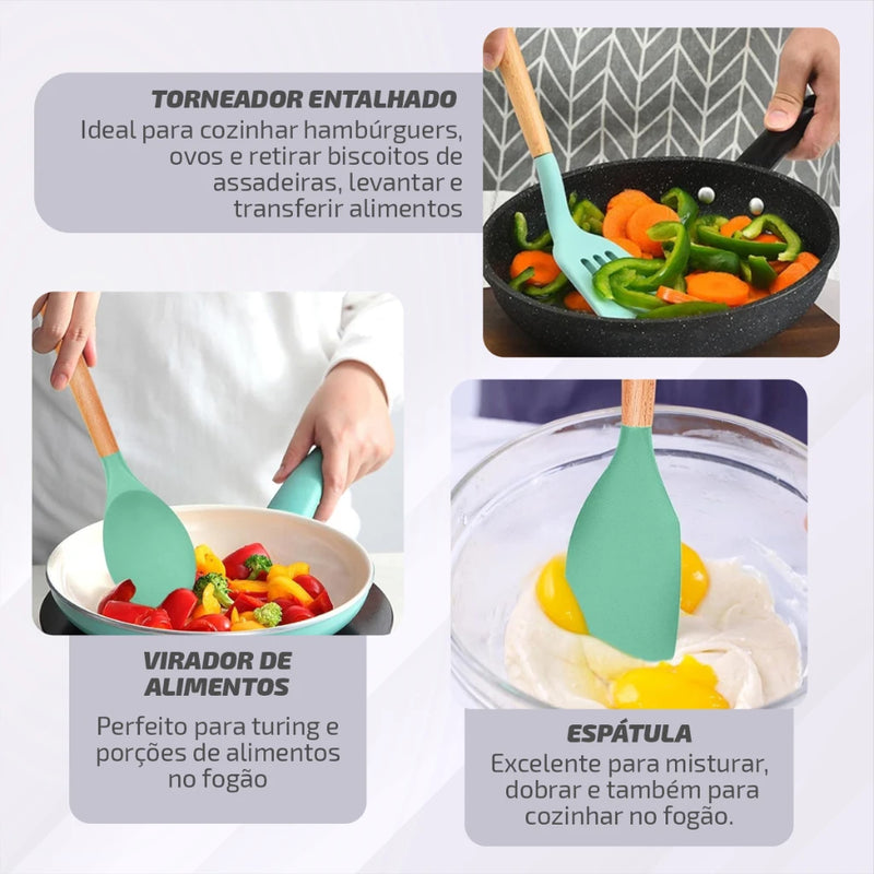 Kit Conjunto Cozinha C/12 Peças Utensílios Cozinha Silicone Antiaderente e Cabo Madeira.