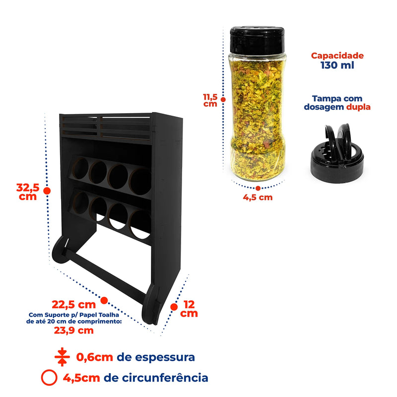 Porta Tempero e Especiarias de Parede com Nicho Organizador e 8 Potes Plástico 130ml Tampa Dosadora Dupla para Cozinha Dispensa