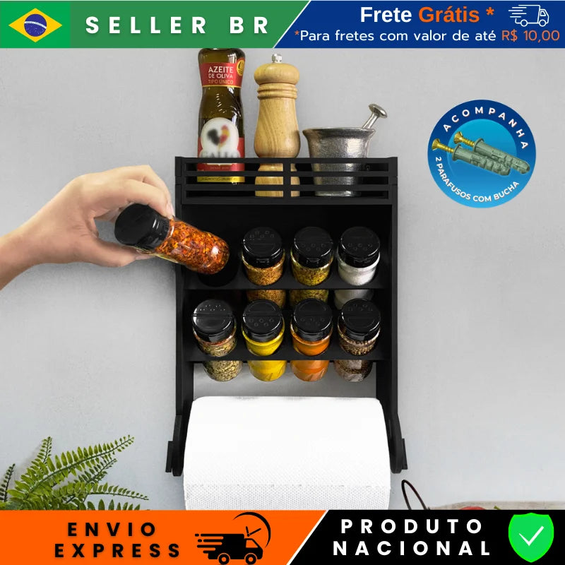 Porta Tempero e Especiarias de Parede com Nicho Organizador e 8 Potes Plástico 130ml Tampa Dosadora Dupla para Cozinha Dispensa