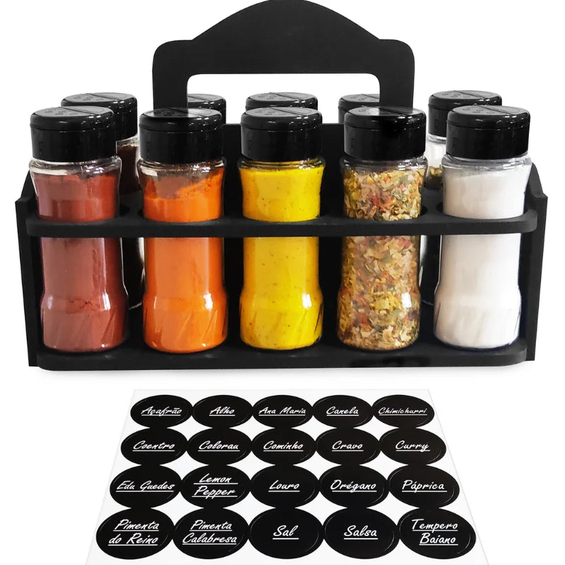 Porta Tempero e Especiarias de Madeira com Alça e 10 Potes Plástico 130ml Tampa Dosadora Dupla Organiza Cozinha e Dispensa