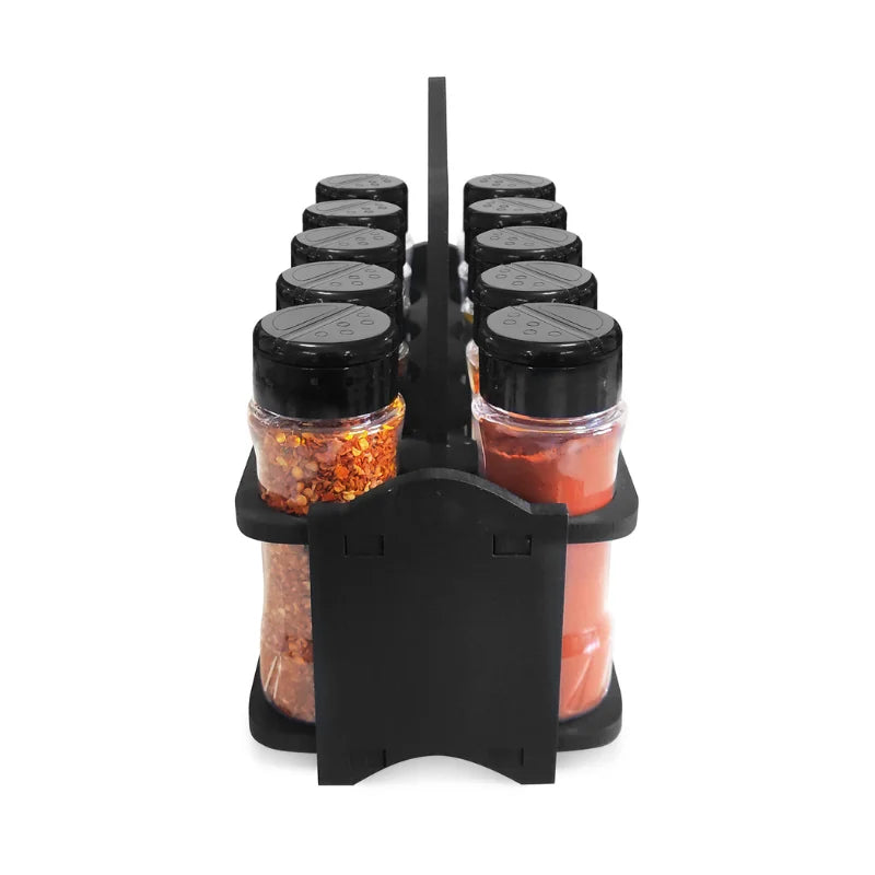 Porta Tempero e Especiarias de Madeira com Alça e 10 Potes Plástico 130ml Tampa Dosadora Dupla Organiza Cozinha e Dispensa