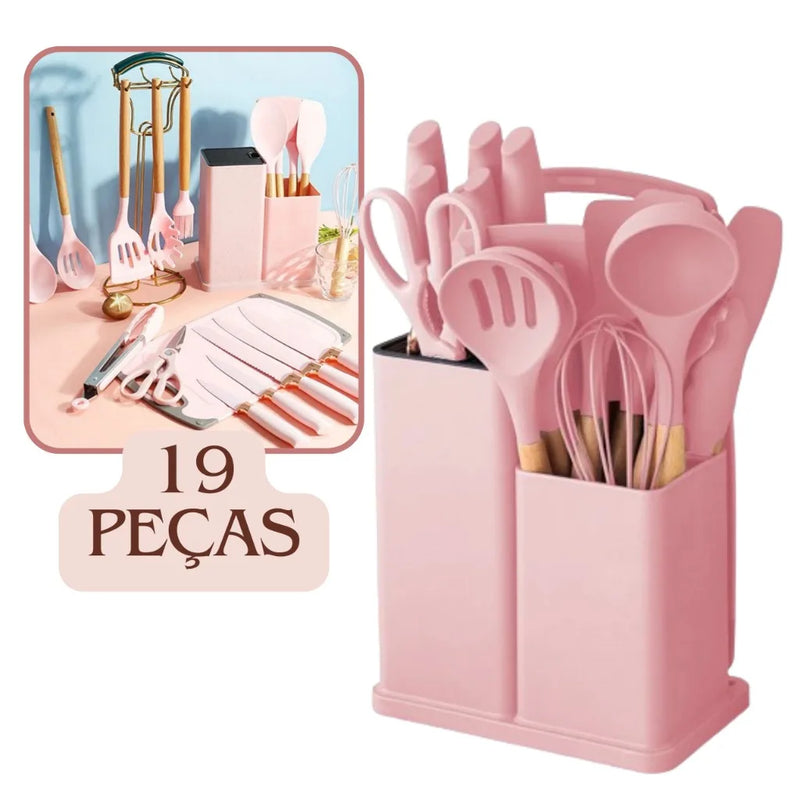 Kit 19 Peças Completo Jogo Utensílios de Cozinha Luxo Com Tábua em Silicone Espátula Faca Tesoura 2000GR Kitchen Presente Cores