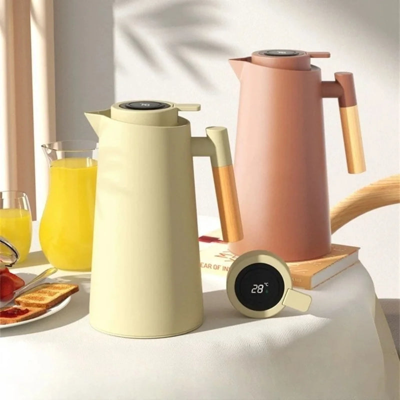 Thermal Bottle Digital Thermometer 1L Coffee Tea Inox Double Wall Temperature Pickles Elegant Modern Wood Office Cable