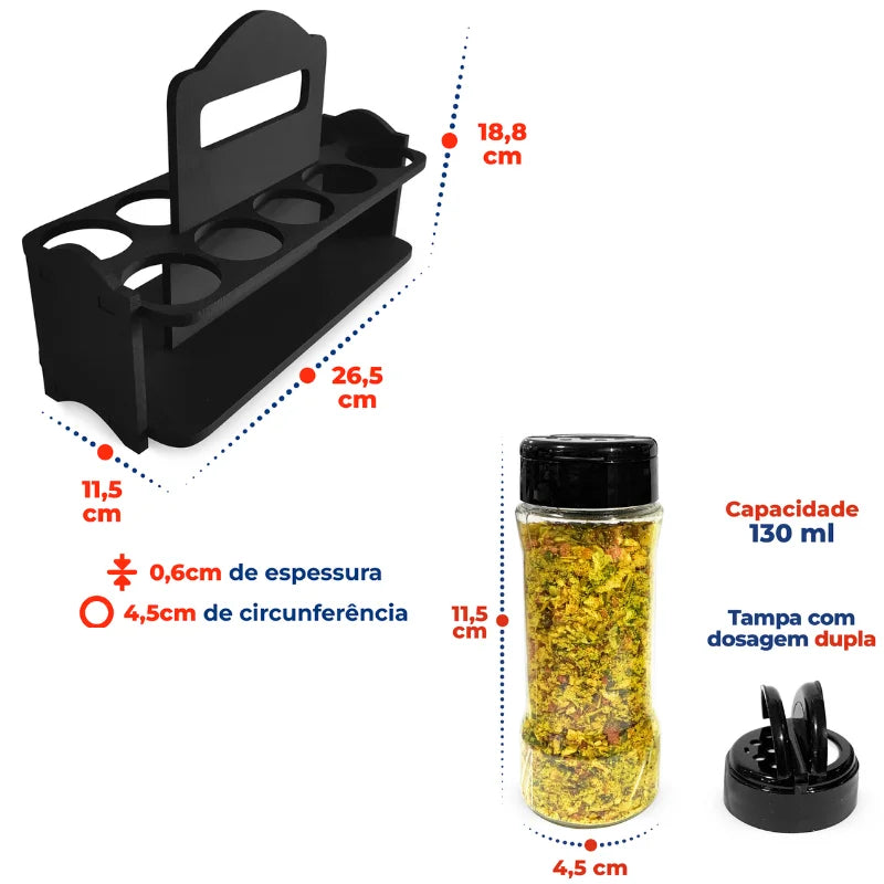 Porta Tempero e Especiarias de Madeira com Alça e 10 Potes Plástico 130ml Tampa Dosadora Dupla Organiza Cozinha e Dispensa