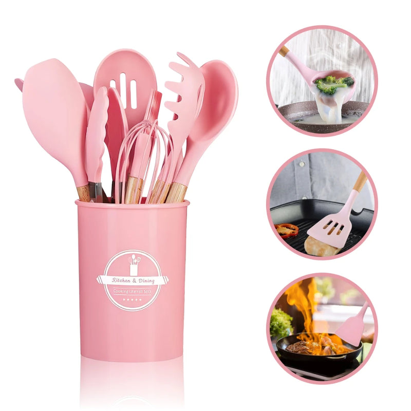 Kit Conjunto Cozinha C/12 Peças Utensílios Cozinha Silicone Antiaderente e Cabo Madeira.