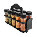 Porta Tempero e Especiarias de Madeira com Alça e 10 Potes Plástico 130ml Tampa Dosadora Dupla Organiza Cozinha e Dispensa