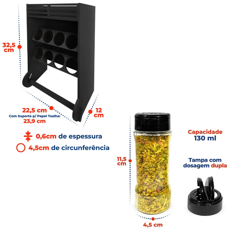 Porta Tempero e Especiarias de Parede com Nicho Organizador e 8 Potes Plástico 130ml Tampa Dosadora Dupla para Cozinha Dispensa
