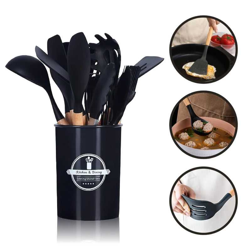 Kit Conjunto Cozinha C/12 Peças Utensílios Cozinha Silicone Antiaderente e Cabo Madeira.