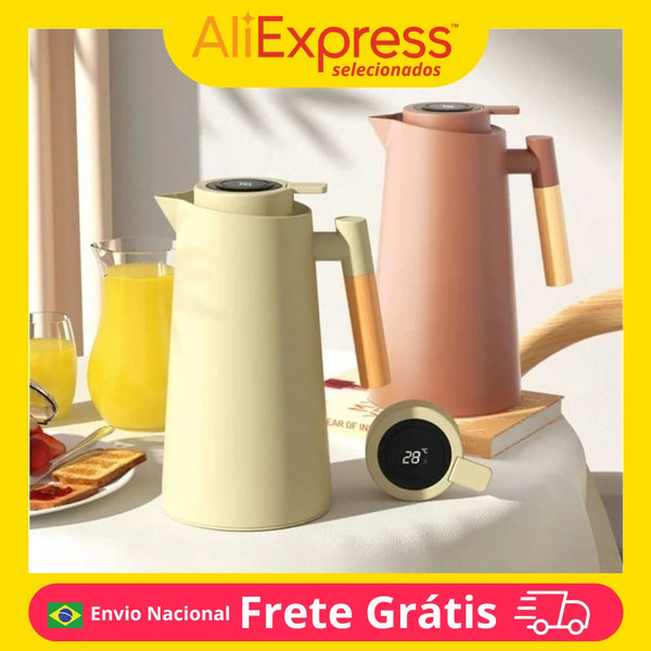 Thermal Bottle Digital Thermometer 1L Coffee Tea Inox Double Wall Temperature Pickles Elegant Modern Wood Office Cable