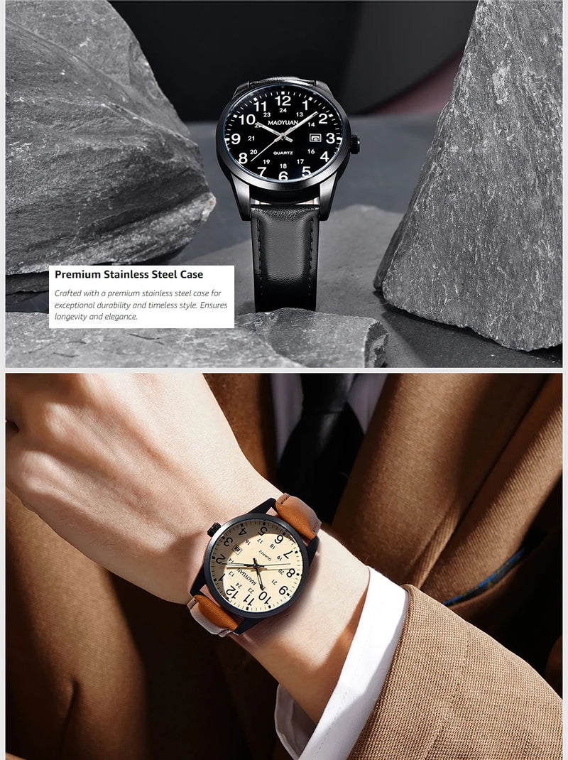 MAOYUAN 2025 New Top Men's Watch Calendar Sports Leisure Fashion Style Brown Black Leather Waterproof Quartz Watch