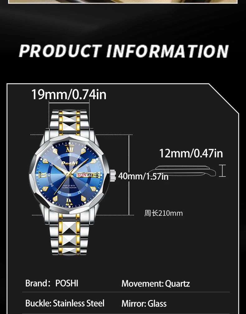 POSHI Men's Watch Date Week Fashion Watch Men Original Waterproof Non-mechanical Luminous Dual Calendar Quartz Wristwatch