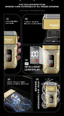 Kemei KM-T91 Reciprocating 3-Blade Electric Shaver with USB Charging, Metallic Finish, Men's Beard Trimmer