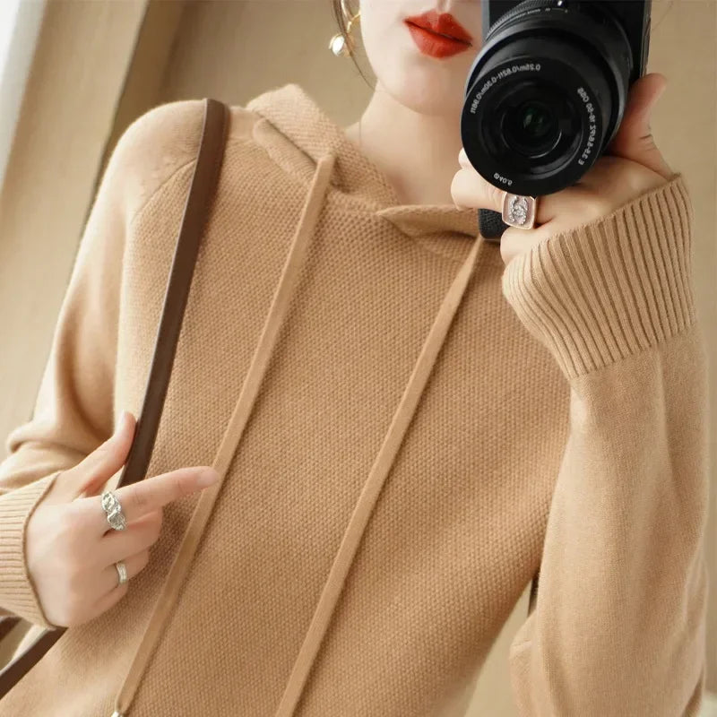 Hooded Sweater Woman Autumn Winter Long Sleeve Warm Bottoming Shirt Solid Casual Pullovers Knit Tops Korean Fashion Jumper 2025