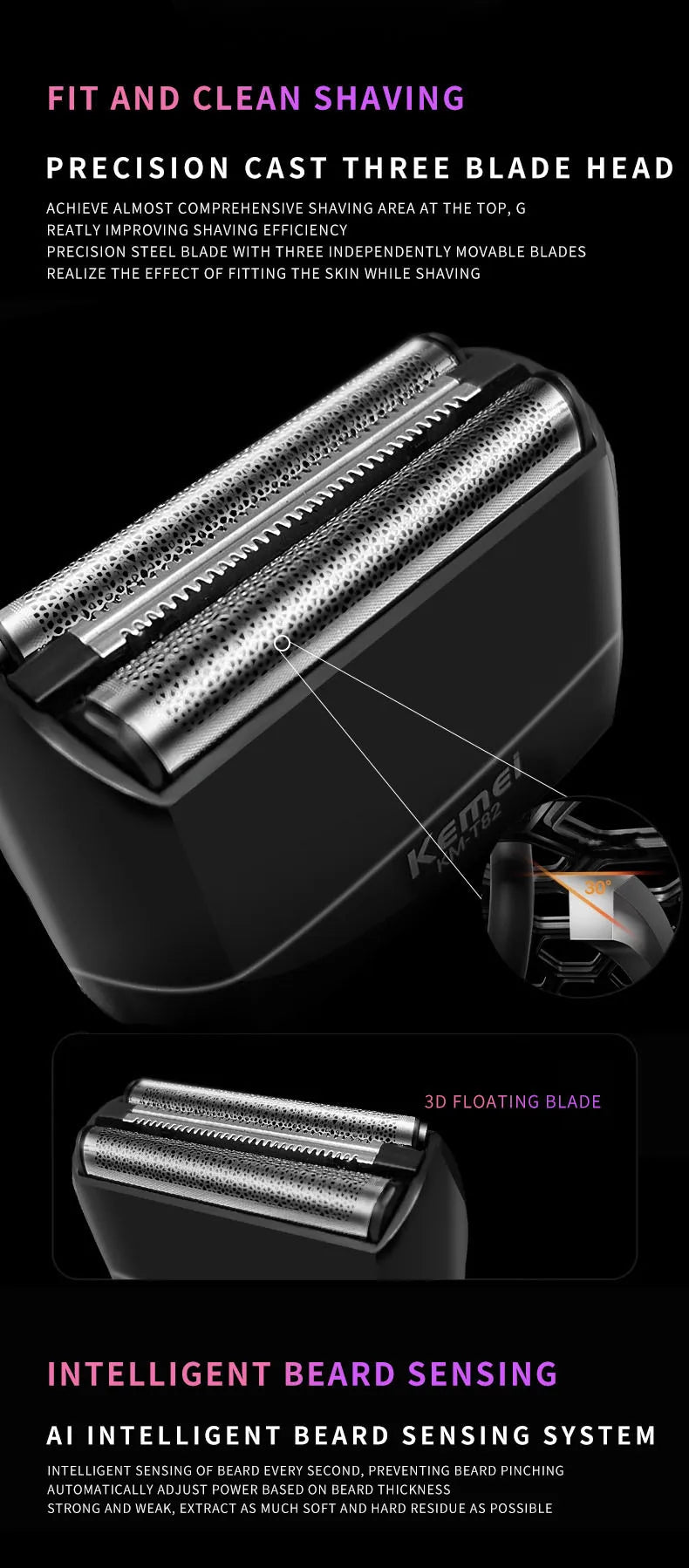 Kemei T82 Professional Waterproof Electric Shaver Rechargeable Shaving Machine for Men Digital Display Beard Trimmer Mini Razor