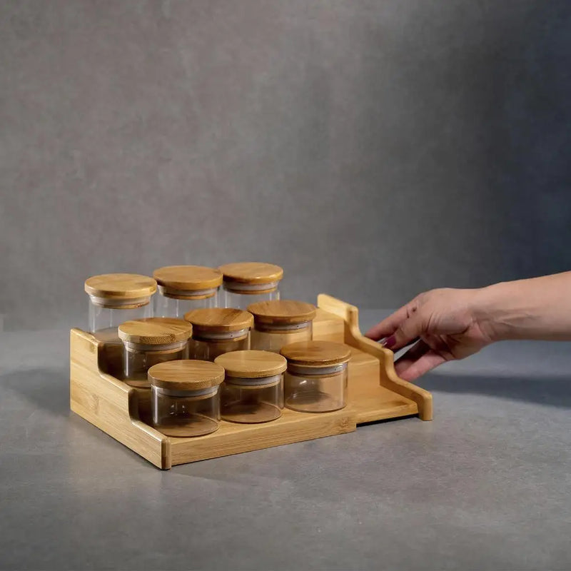 110ml 9 Pots Airtight Kit with Bamboo Lid and Bamboo Organizer Rack-Oikos