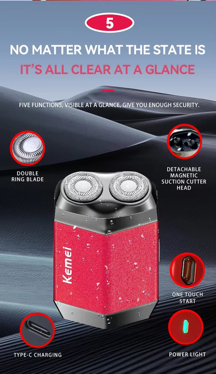 Kemei KM-T15 Portable Dual-Ring Floating Electric Shaver, Fully Washable, USB Rechargeable, Men's Beard Trimmer.