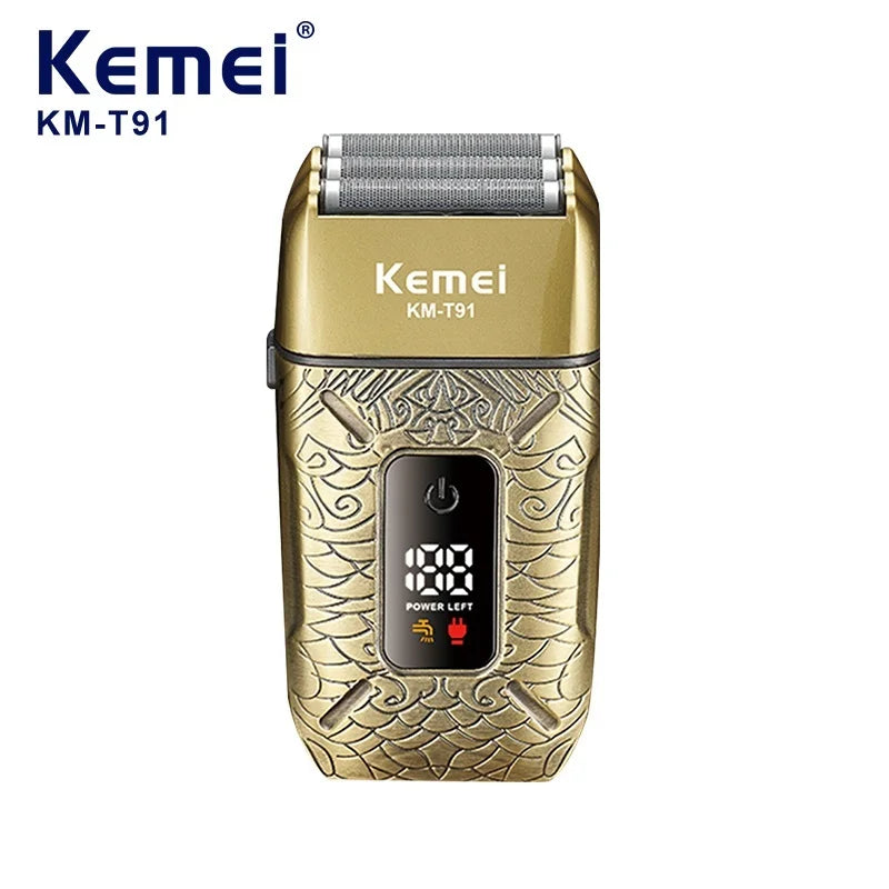 Kemei KM-T91 Reciprocating 3-Blade Electric Shaver with USB Charging, Metallic Finish, Men's Beard Trimmer