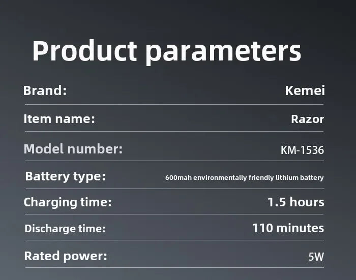 Kemei KM-1536 Men's Electric Shaver - Portable USB Rechargeable Trimmer,Waterproof Travel-Friendly with Reciprocating Razor Head