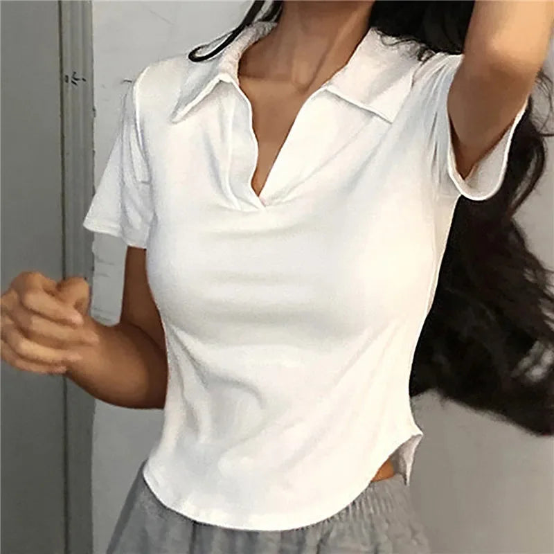 Summer Short Sleeve Lapel Top Women'S Solid V-Neck Pullovers Retro Sweet Shirts Hot Girl Crop Top Female Slim Versatile Tee