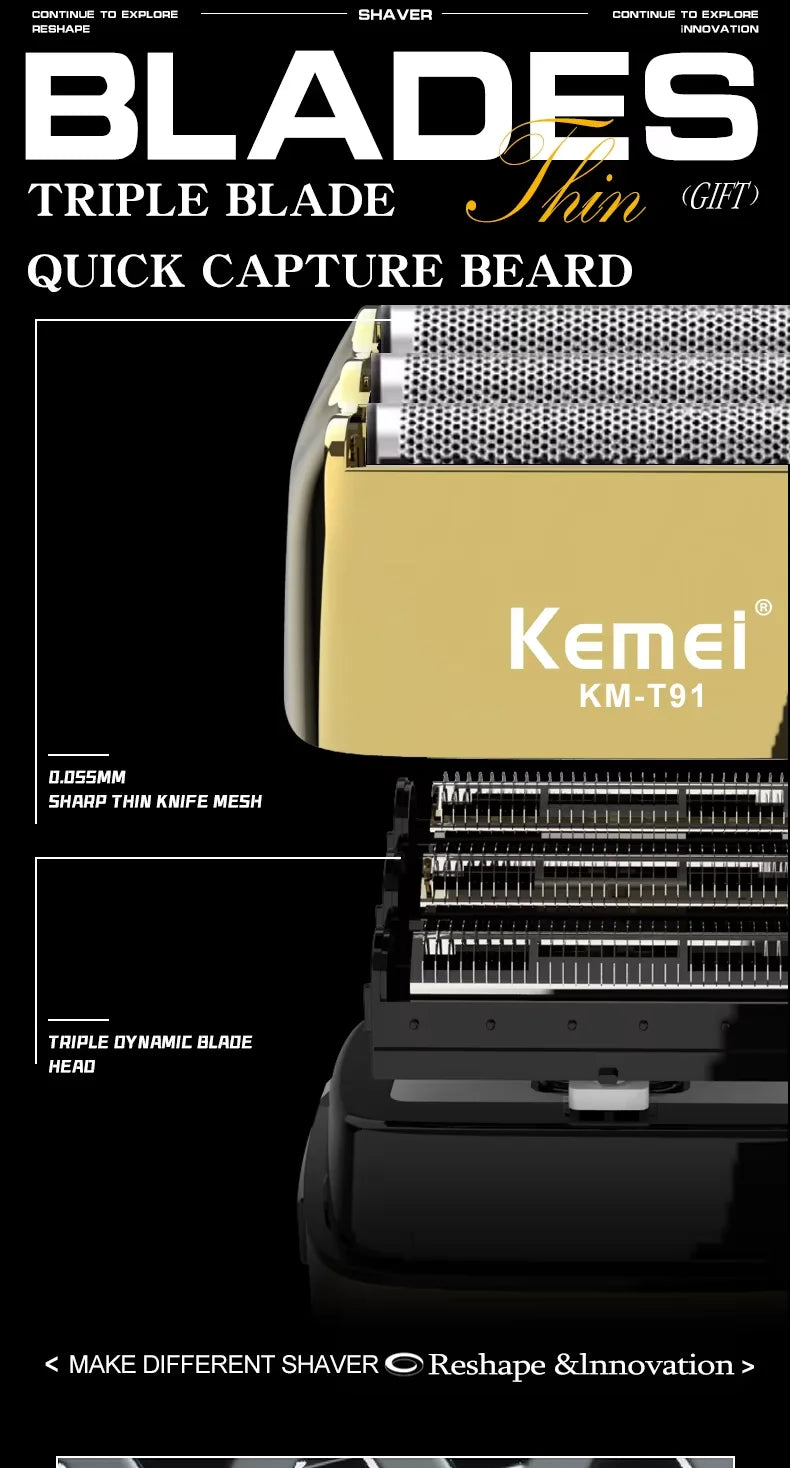 Kemei KM-T91 Reciprocating 3-Blade Electric Shaver with USB Charging, Metallic Finish, Men's Beard Trimmer