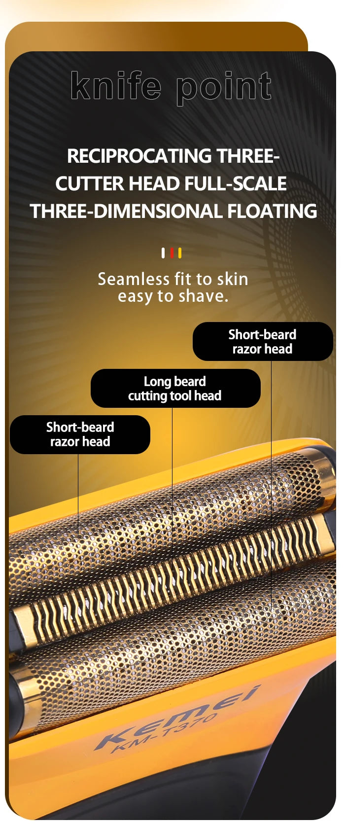 Kemei KM-T370 Shaving Machine Men Beard Trimmer Professional Waterproof Electric Foil Shaver Barber 3 Blades USB Charging Razor