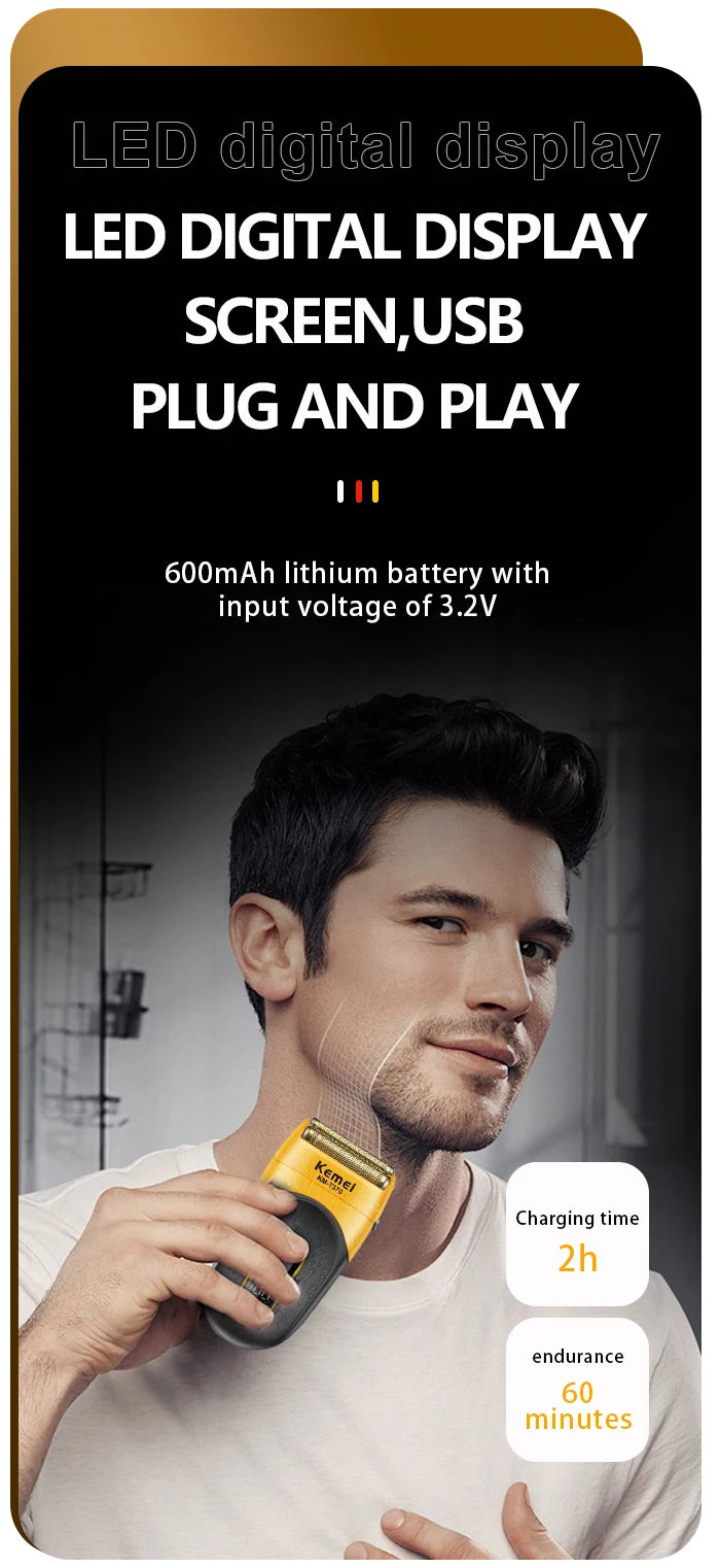 Kemei KM-T370 Shaving Machine Men Beard Trimmer Professional Waterproof Electric Foil Shaver Barber 3 Blades USB Charging Razor