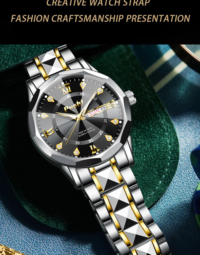 POSHI Men's Watch Date Week Fashion Watch Men Original Waterproof Non-mechanical Luminous Dual Calendar Quartz Wristwatch