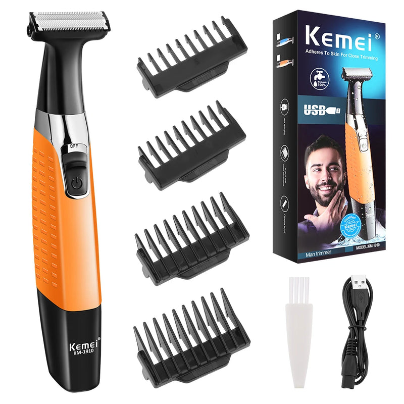 Kemei KM-1910 Waterproof Electric Shaver Eyebrow Trimmer USB Rechargeable Razor Men's Beard Trimmer Shaving Machine for Men
