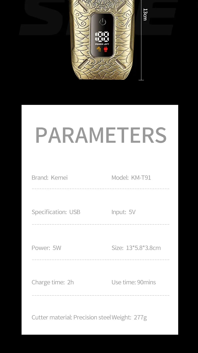 Kemei KM-T91 Reciprocating 3-Blade Electric Shaver with USB Charging, Metallic Finish, Men's Beard Trimmer