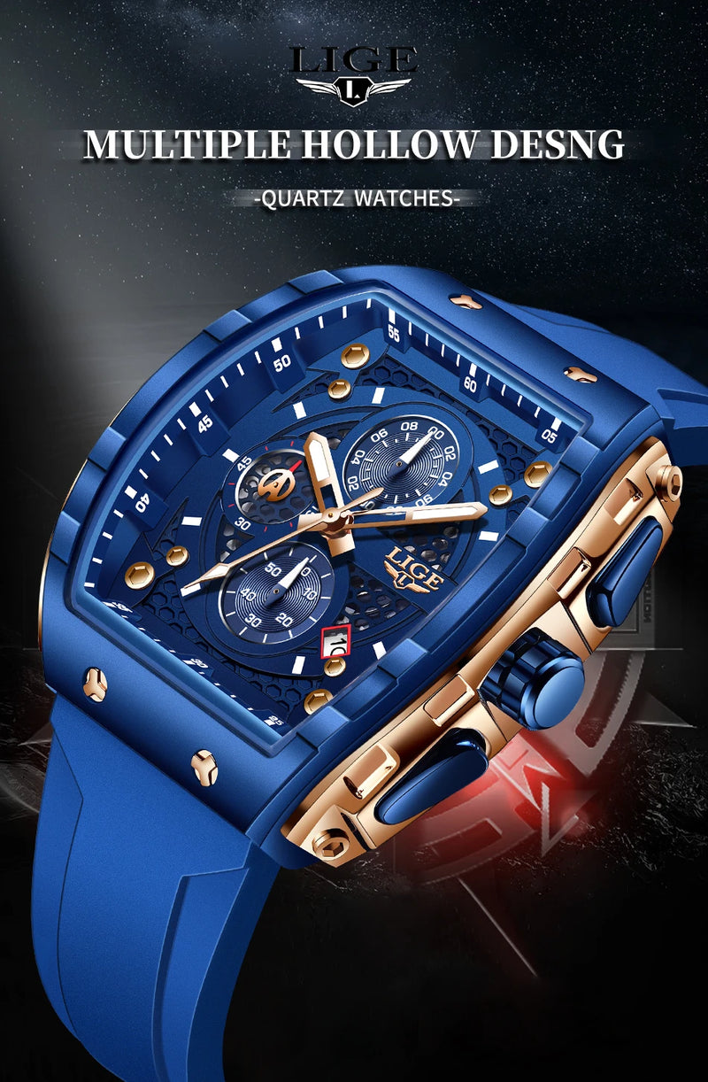 LIGE Man Watch Fashion Luxury Waterproof Silicone Strap Quartz Men's Watches Luminous Sports Auto Date Chronograph Simple Clocks
