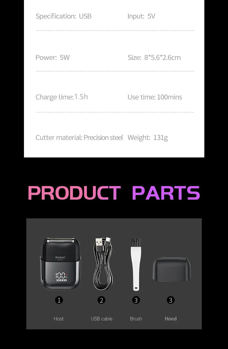 Kemei T82 Professional Waterproof Electric Shaver Rechargeable Shaving Machine for Men Digital Display Beard Trimmer Mini Razor