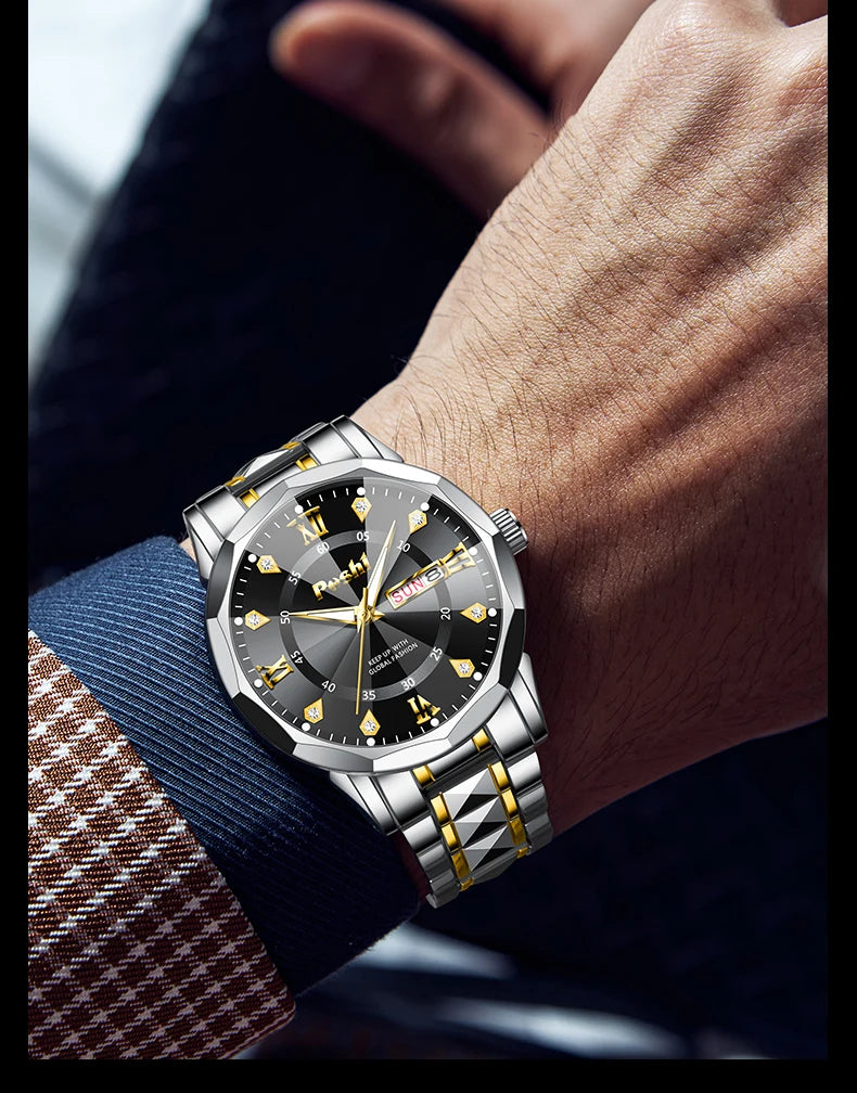 POSHI Men's Watch Date Week Fashion Watch Men Original Waterproof Non-mechanical Luminous Dual Calendar Quartz Wristwatch