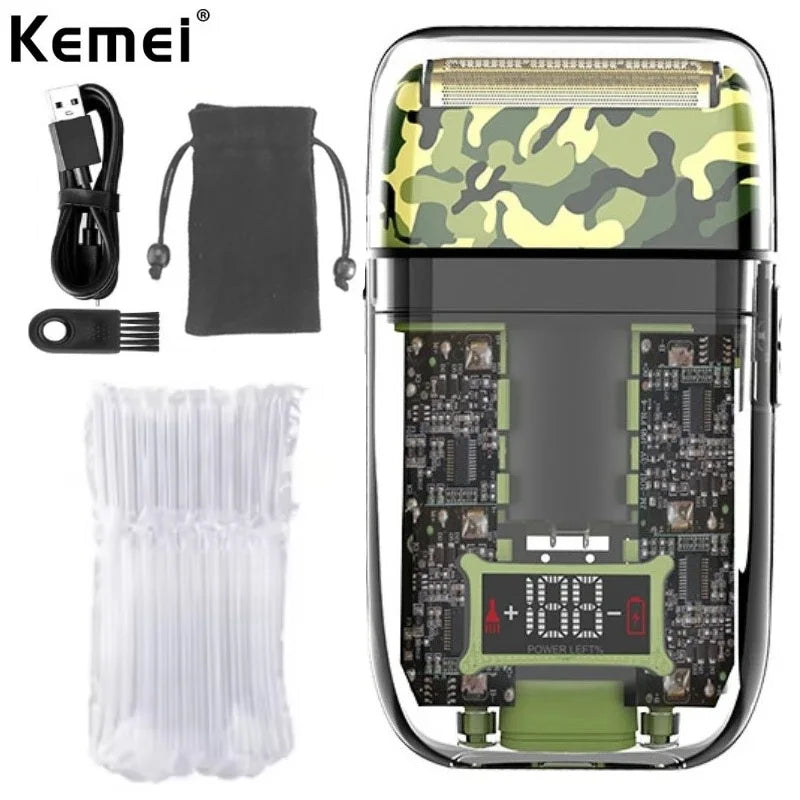 kemei km-TX7 Waterproof LCD Digital Display Razor USB Charging Camouflage Transparent Body Electric Shaver For Man