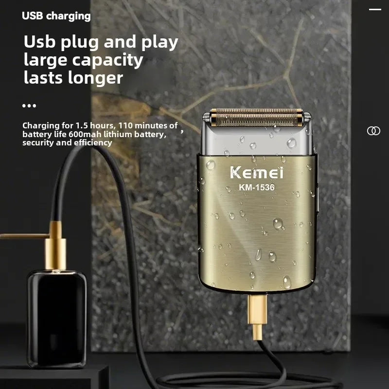 Kemei KM-1536 Men's Electric Shaver - Portable USB Rechargeable Trimmer,Waterproof Travel-Friendly with Reciprocating Razor Head