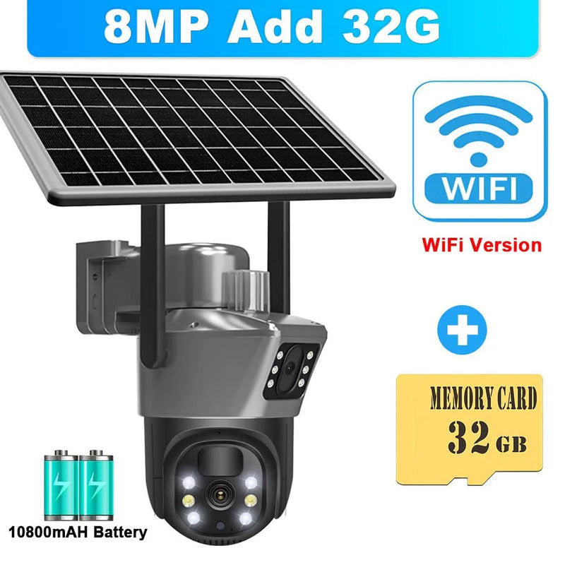 8MP 4K WiFi Solar Camera Outdoor Wireless CCTV Surveillance Camera With Solar Panel Dual Lens PTZ IP Cam Security Protection