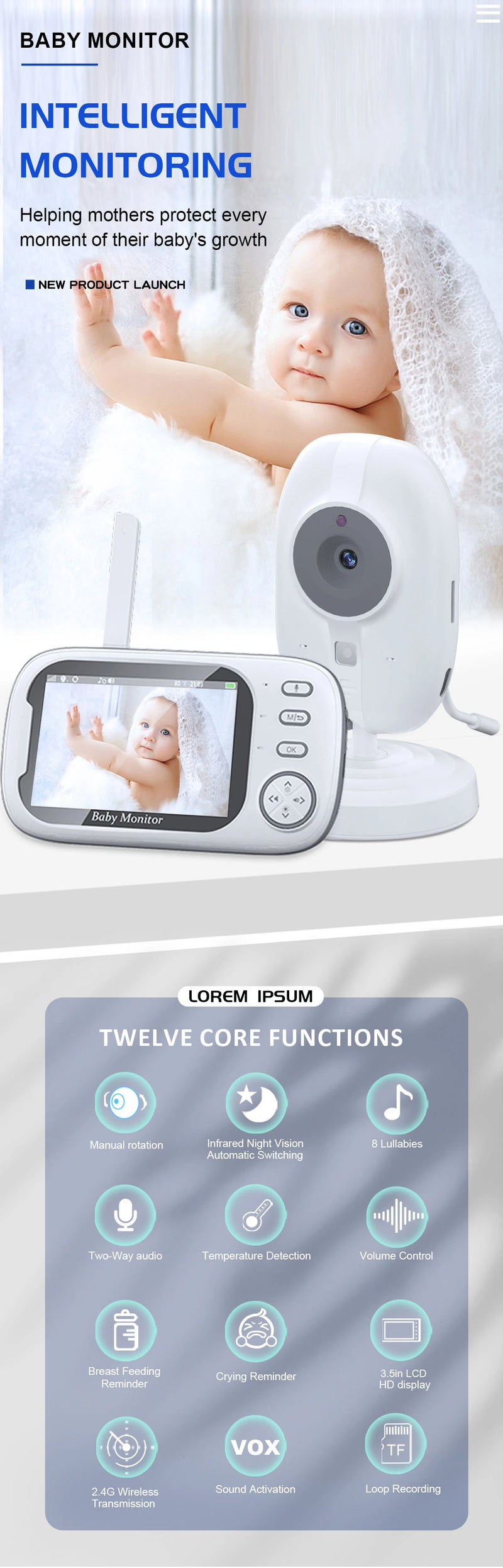 Cdycam New 3.5 inch Wireless Video Baby Monitor Night Vision Temperature Monitoring 2 Way Audio Talk Baby Nanny Security Camera